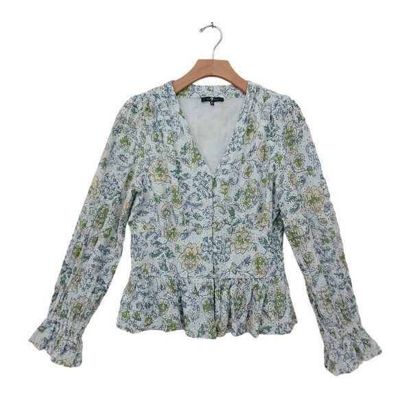 7 For All Mankind Boho Blouse Womens Medium Green Eyelet Embroidered Floral - Picture 1 of 13